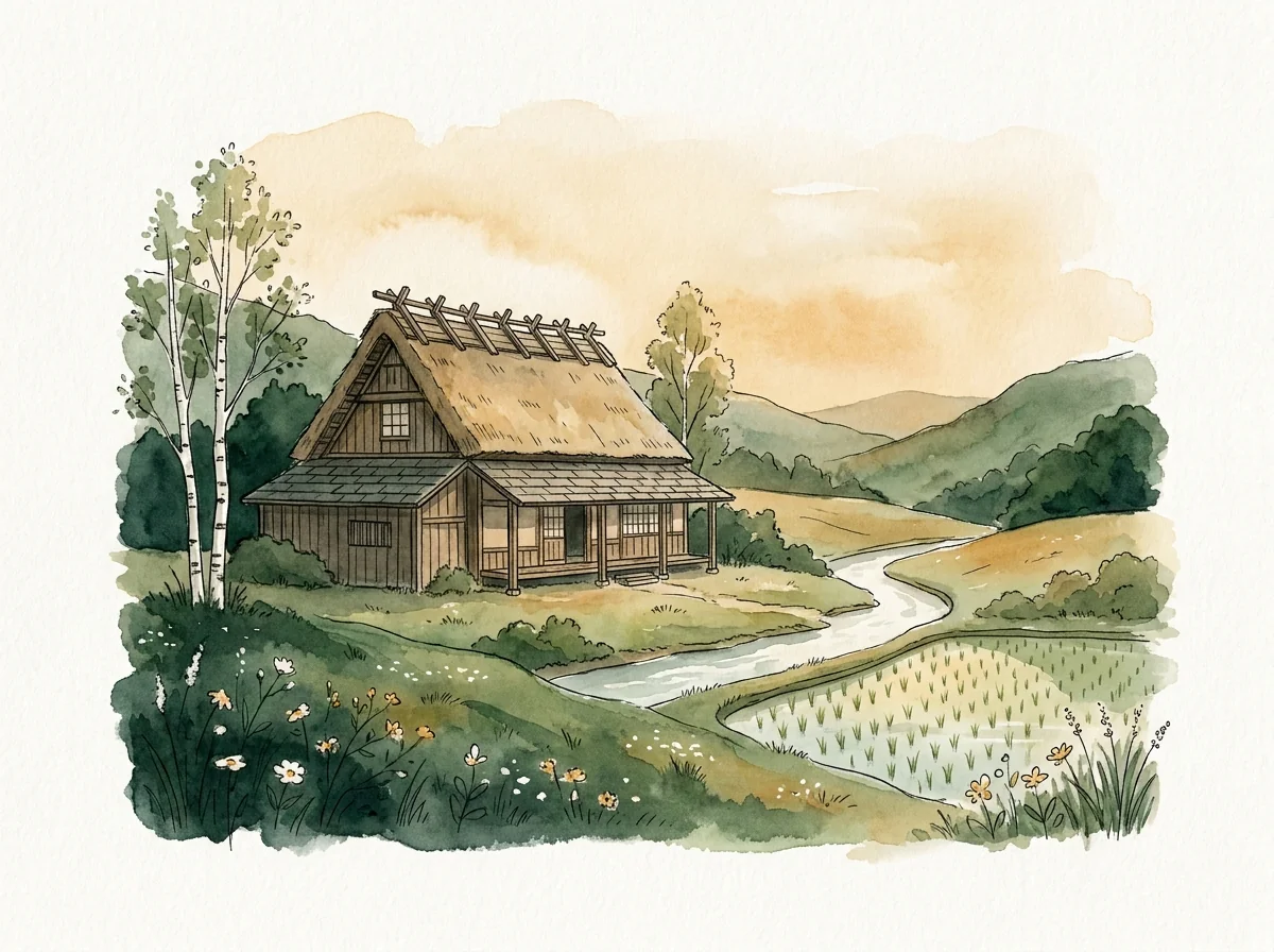 島松の駅逓所と田んぼ(イラスト)